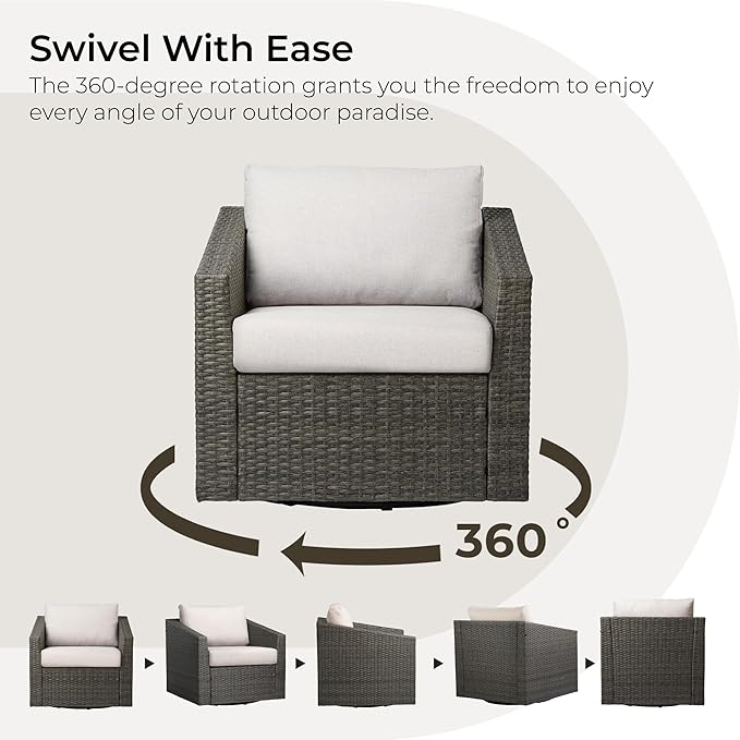 CHITA 3 Pieces Wicker Patio Bistro Set, Outdoor Furniture Set with 2 Pieces Rattan Swivel Chairs, Thickened Cushions and Side Table, Beige Cushions with Grey Wicker