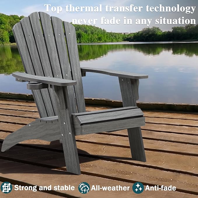 Psilvam Oversized Adirondack Chair, Fade-Resistant & Odor-Free Poly Lumber Fire Pit Chairs with Cup Holder, Weatherproof Outdoor Chair, Easy 15 Min Install Patio Chair, 350 Lbs Support (1, Gray)