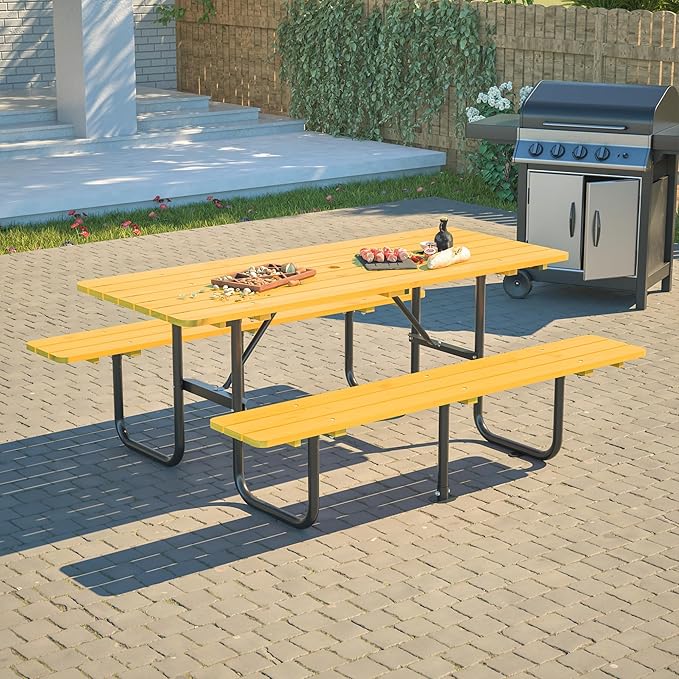 Rueekfil 72" Rectangular Commercial Picnic Table with Wooden Top, Metal Legs, Durable Outdoor Dining Table Camping Table with 1.97" Umbrella Hole for School, Warehouse, Yellow