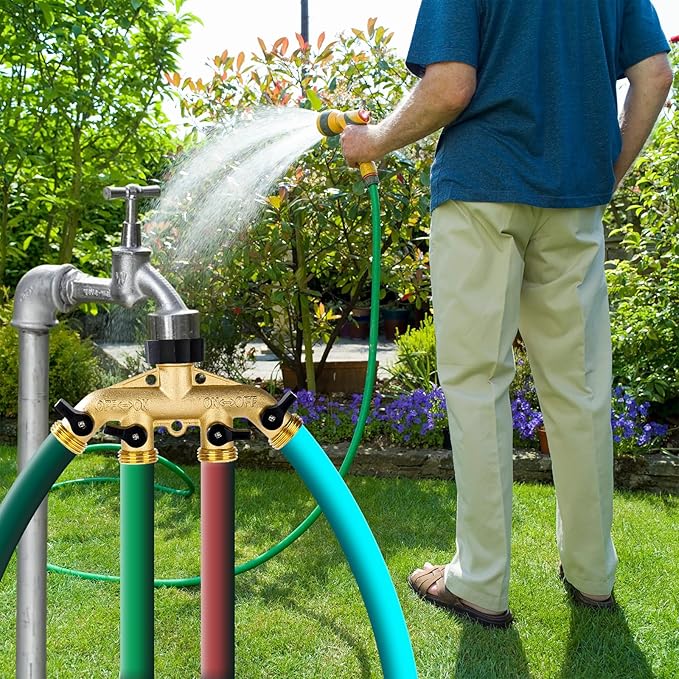 Dalmbox Garden Hose Splitter 4 Way, Water Hose Splitter, 3/4" Heavy-Duty Brass Garden Hose Splitter, Includes 9 Rubber Washers & Teflon Tape(2 pack)