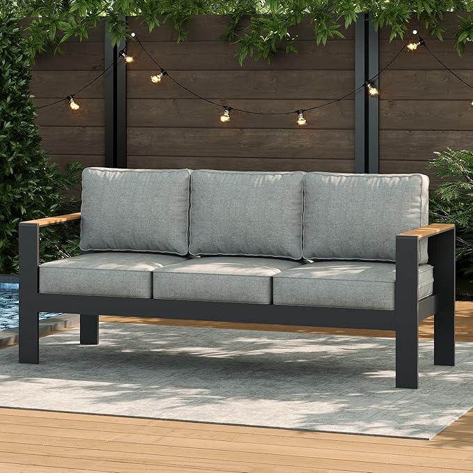LayinSun Aluminum Outdoor Furniture Set 3 Seat Sofa, Outside Patio Deep Seating Conversation Set with Upgraded Washable Thick Cushion