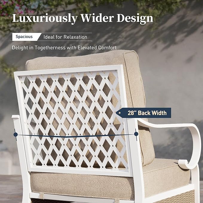 SUNSHINE VALLEY 4 Piece Metal Outdoor Patio Furniture Sets, Patio Conversation Sets 1 2-Seater Sofa, 2 Single Sofa with 5.75" Thick Cushion and Coffee Table, White Frame Backyard Furniture, Beige