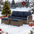 EAGLE PEAK Modern Wicker Outdoor Patio Furniture Set, Patio Conversation Set, a 3-Seat Loveseat and 2 Ottomans, 3 Pieces, Brown/Blue