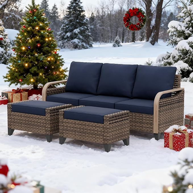 EAGLE PEAK Modern Wicker Outdoor Patio Furniture Set, Patio Conversation Set, a 3-Seat Loveseat and 2 Ottomans, 3 Pieces, Brown/Blue