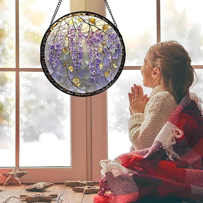 AMDERVEN Stained Glass Window Hanging - Wisteria Flower Golden Leaves Sun Catcher for Door Home Decor Plant Suncatcher Christmas Mother's Day Birthday Gifts for Women Men Lovers Mom Nana 9.8 in