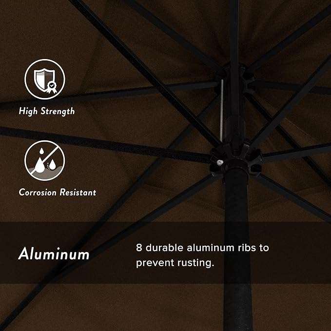 California Umbrella 9' Rd Aluminum Patio Umbrella, Crank Lift, Auto Tilt, Black Finish, Sunbrella Teak