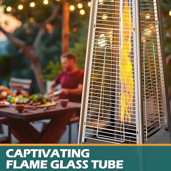 48,000 BTU Flame Pyramid Pool Heater With Cover, Stainless Steel Triple Safety Protection Patio Heater with Patio Cover, Warm Glass Tube Portable with Durable Wheels-Stainless Steel Color