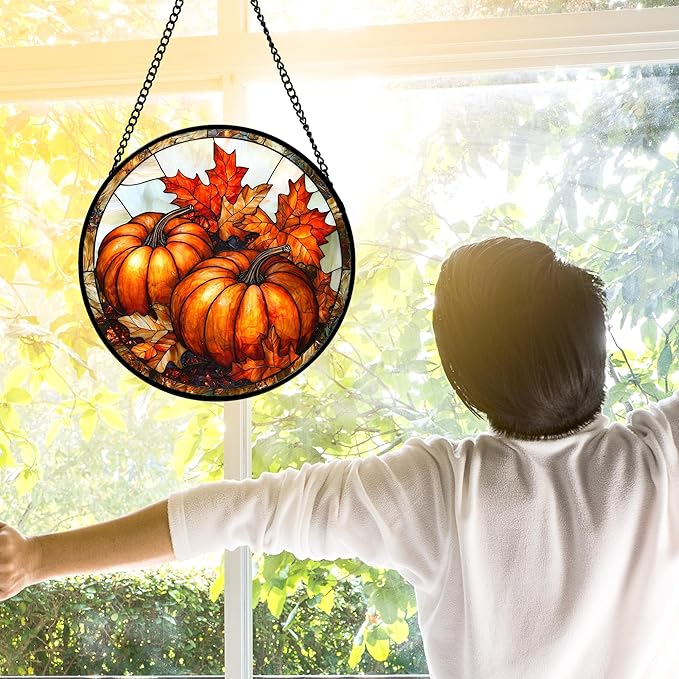 DASTOLL Stained Glass Window Hanging, Pumpkin Maple Leaf Suncatcher for Doors Home Sun Catchers Decoration and Christmas, Mother's Day Birthday Gifts for Women, Men, and Mom 11.8x11.8 in