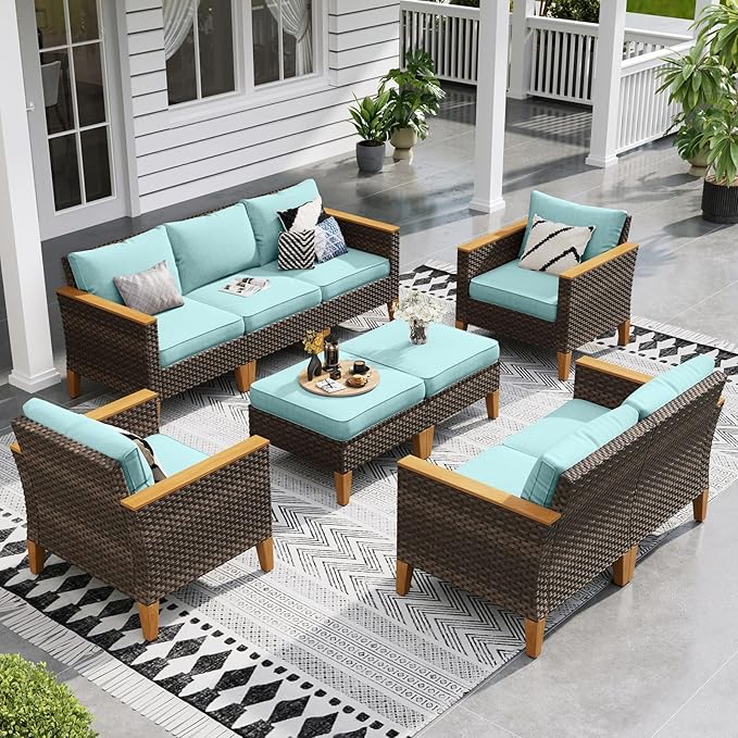 Sophia & William Patio Furniture Sets, 9 Piece Sectional Outdoor Rattan Wicker Sofa, All Weather Patio Conversation Set for Deck Backyard Lawn, Outdoor Couch, Blue