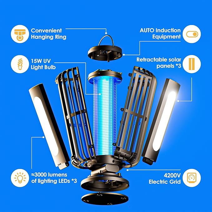 TYPEC Bug Zapper 2 Pack, Solar Bug Zapper with 3 Solar Charging Panels, IP65 Waterproof Mosquito Zapper, 4200V Mosquito Zapper with LED Light, Outdoor Indoor AUTO ON/Off