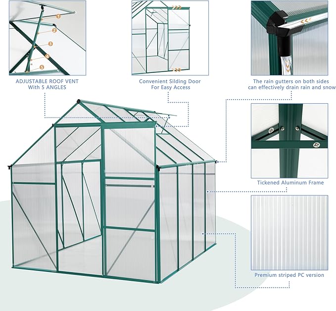 6×8 FT Outdoor Greenhouse for Backyard, Polycarbonate Walk-in Green House with Aluminum Frame, Raised Base, Sliding Door & Adjustable Roof Vent, Greenhouses for Outdoors Winter Use, Green