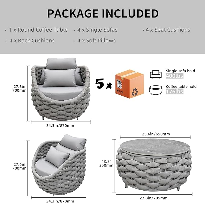 TWT Aluminum Outdoor Patio Furniture Set, 4 Textilene Armchairs Modern Outdoor Conversation Set Outdoor Single Sofa with Upgrade Cushion and Coffee Table for Balcony, Light Grey
