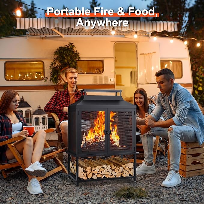 Fire Pits for Outside Wood Burning - 39" H Square Metal Outdoor Chiminea Fireplace with Grill, Mesh Spark Screen & Fire Poker, Ideal for Garden, Backyard, Patio, Party, Camping, Picnic, BBQ, Bonfire