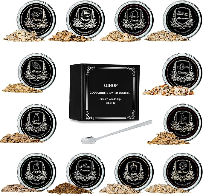 Cocktail Smoker Chips, 12 Flavors Wood Chips Orange Cinnamon Ginger Apple Beech Pear Cherry Oak Walnut Pecan/Hickory Mesquite Peach for Cocktails, Whiskey, Bourbon, Smoking Gun, Bar, Smoker Accessory
