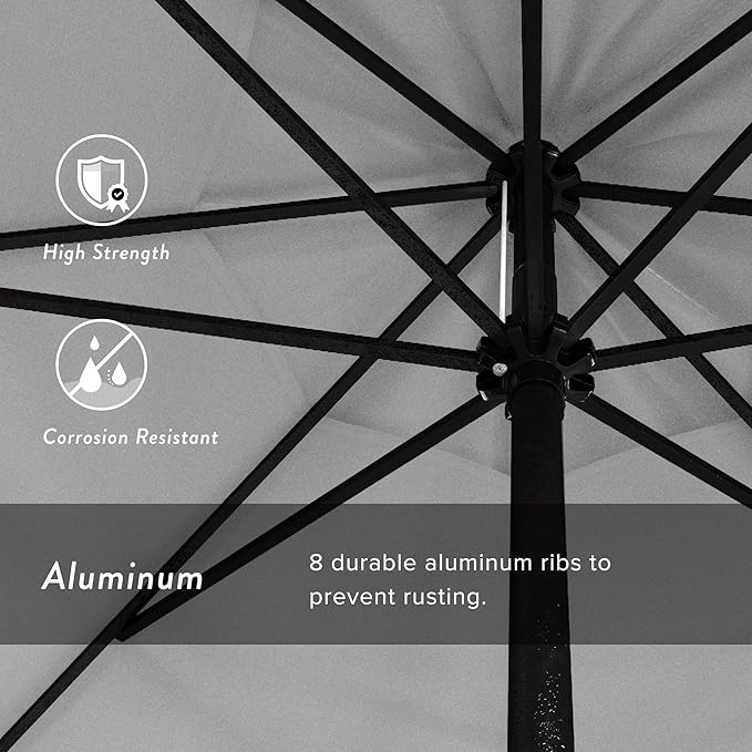 California Umbrella 9' Rd Aluminum Patio Umbrella, Crank Lift, Auto Tilt, Black Finish, Sunbrella Natural