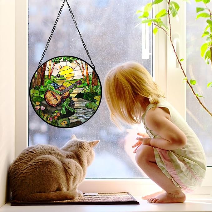 DASTOLL Stained Glass Window Hanging, Frog Playing Guitar Suncatcher Diamond Glass Panel Funny Sun Catchers Decor for Birthday for Women, Men, Wife, Aunt, and Mom 11.8x11.8 in