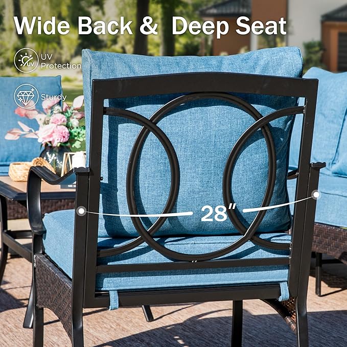 PHI VILLA Patio Furniture Set with 56" Fire Pit Table, Premium Outdoor Wicker Metal Frame Furniture with Upgraded Waterproof Thick Cushions for Porch, Poolside, Deck, and Yard