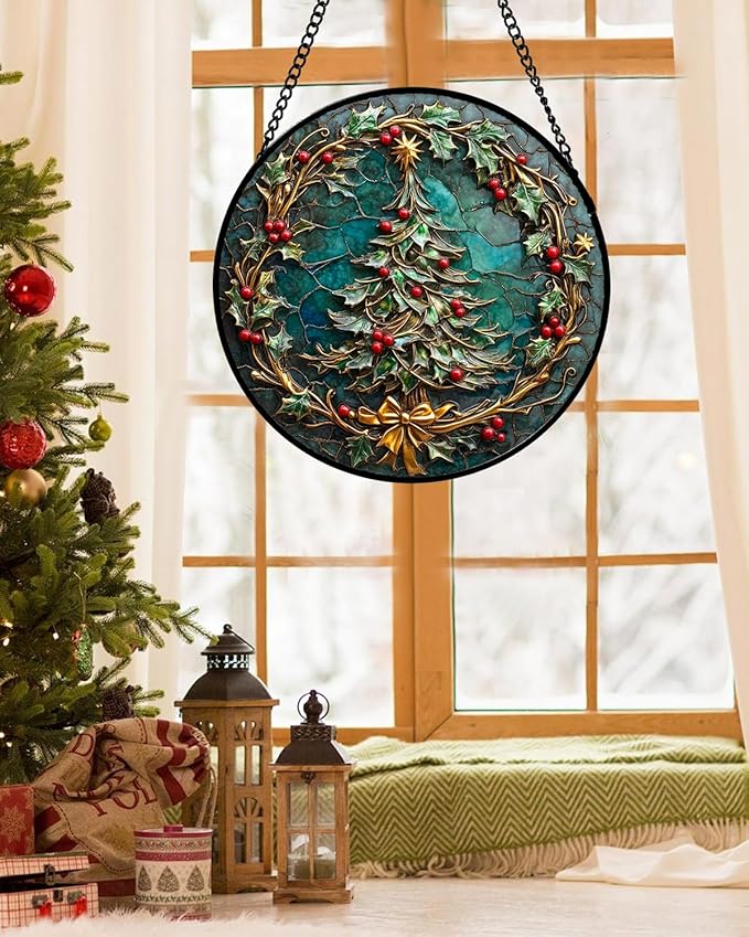 DASTOLL Stained Glass Window Hangings - Red Gold Green Wreath Suncatcher for Door Home Christmas Tree Decoration Sun Catcher Thanksgiving New Year Birthday Gift for Women Men Mom Grandma 9.8 in