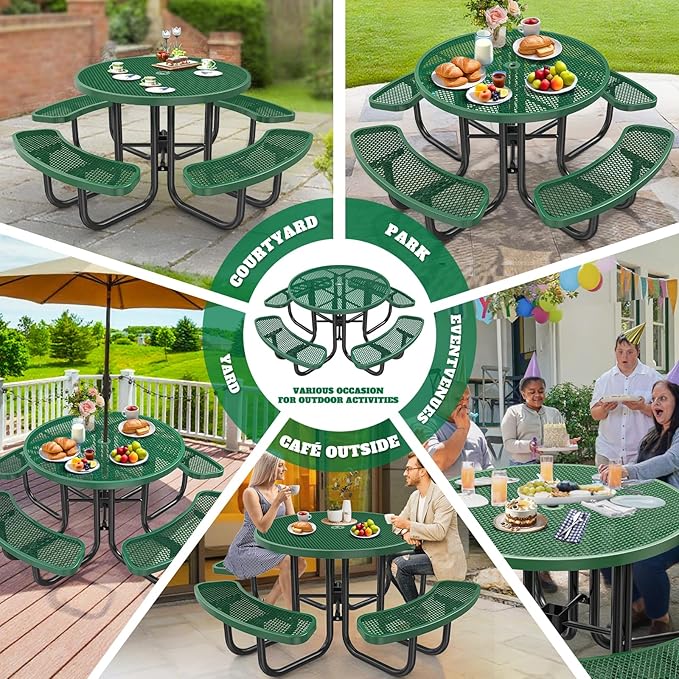 46" Round Top Outdoor Picnic Table Set for Up to 8 Persons, Outside Table Set with 4 Built-in Benches, Metal Commercial-Grade Dining Furniture with Umbrella Hole for Garden, Backyard, Porch, Green