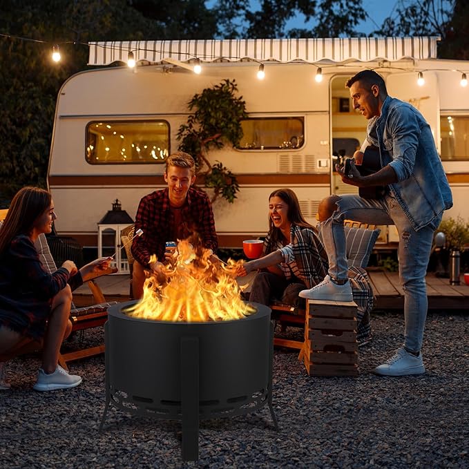 26 Inch Smokeless Fire Pit Stove Bonfire, Outdoor Steel Fire Pit with Adjustable Foot, Fire Poker and Dust Bag, Large Firepits for Outside Wood Burning Black