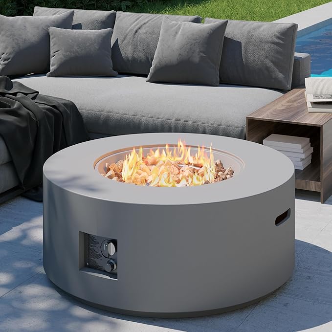 32 inch Round Propane Fire Table, 50,000 BTU Gas FirePit, Patio Fire Pit Table with Steel Lid, Rain Cover, 10ft Propane Hose, Lava Rocks, Grey