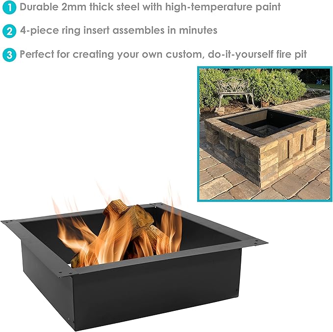 Sunnydaze Fire Ring for Outside - Wood-Burning Metal Fire Pit Ring Insert - Above or In-Ground DIY - 42-Inch Square Outer/36-Inch Square Inner Diameter