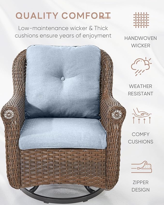 Patio Chairs Outdoor Swivel Glider - Set of 2 High Back Outside Brown Wicker Rattan Rocking Chair with Thick Cushion for Porch Apartment Deck Yard Poolside Garden - Baby Blue