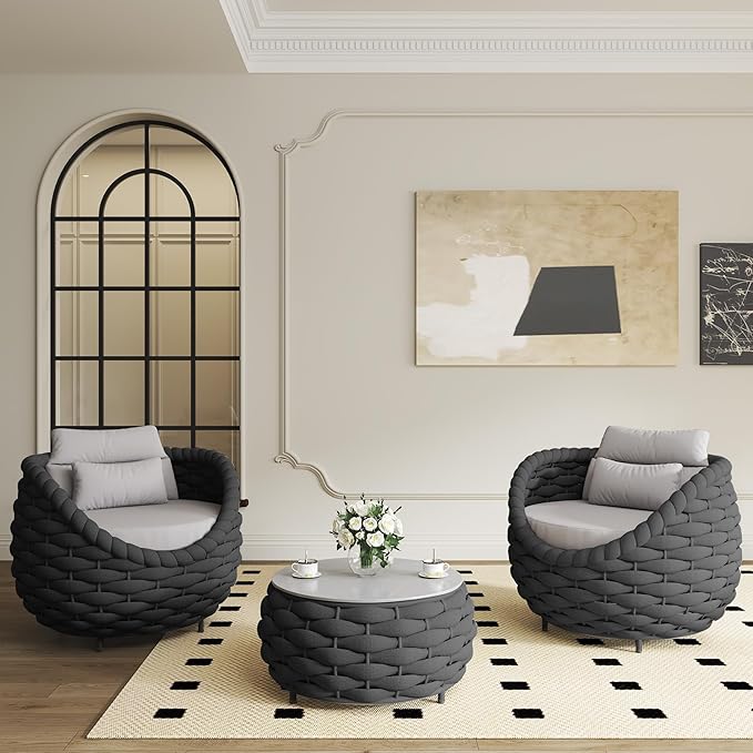 TWT 3 Pieces Aluminum Patio Furniture Set Modern Patio Set with Coffee Table, No Assembly Required Outdoor Conversation Set with Dark Grey Cushions for Balcony, Porch, Lawn