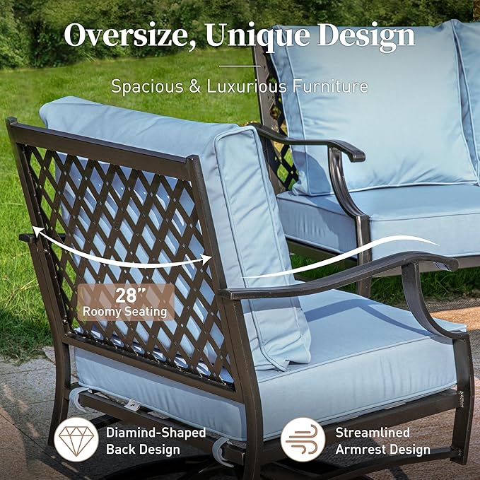 SUNSHINE VALLEY 4 Piece Metal Outdoor Patio Furniture Sets with 5000 BTU Firepit Table, Patio Conversation Sets 1 3-Seater Sofa, 2 Fixed Chair with 5.75" Thick Cushion, Black Backyard Furniture, Blue