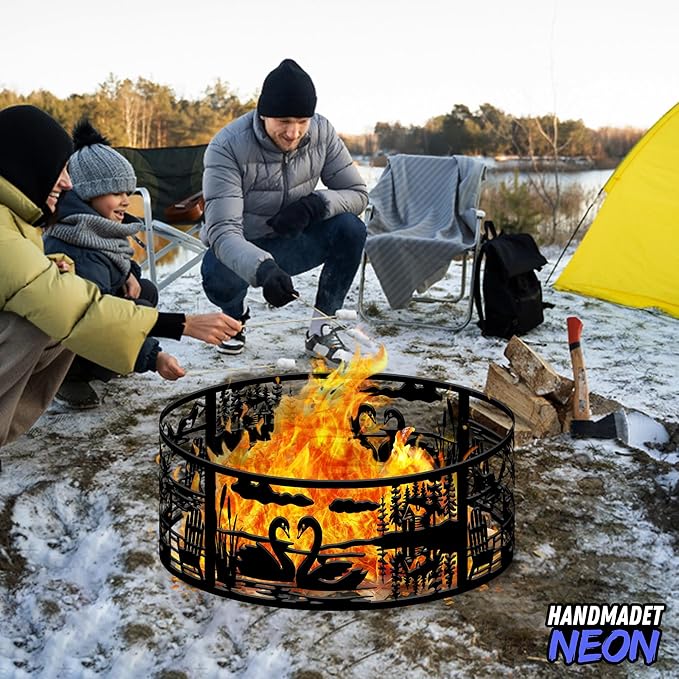 Personalized Camping At The Lake House Fire Pit Ring 360 Degree, Custom Name Metal Outdoor Campfire Pits, Wood Burning, Fireplace, Firepit, Bonfire, BBQ Garden Decor, Gift For Family