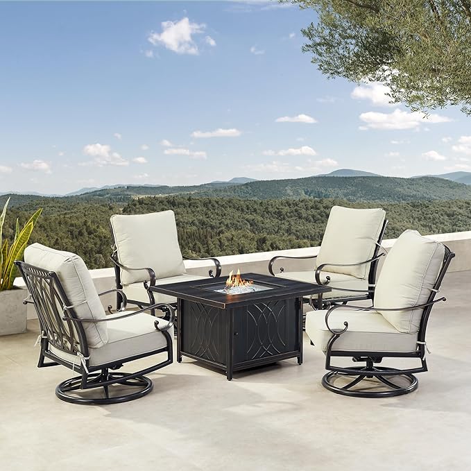 Oakland Living Black Aluminum Patio Fire Table Set with Four Club Chairs, Cushions and Wind Blocker