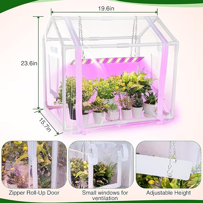 Meonum Mini Greenhouse with Grow Light for Indoor, 23.6"x15.7"x19.6" Tabletop Small Greenhouse Kit with 15W Plant Dimmable LED Grow Lights and Timer, 3 Light Color Mode for Seed Starter Tray