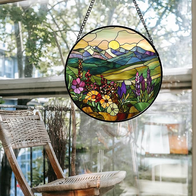 QZQCBLC Stained Glass Window Hanging Purple Wildflowers Pastoral Scenery Large 11.8" - Suncatcher Door Garden Sun Catcher Home Decor Birthday Christmas for Mom Men Woman Friend