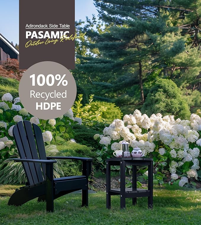 PASAMIC 2-Tier Adirondack Oval Outdoor Side Table, HDPE Small Outdoor Table, Patio End Table for Patio, Backyard, Weather-Resistant (Black)