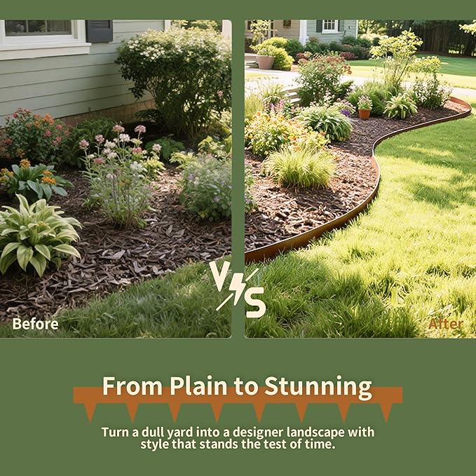 Worth Garden 33ft. Galvanized Steel Landscape Edging - 10-Pack 40" Metal Edging for Landscaping with 11 Stakes, Rust-Colored Powder Coating Hammer-in 4.5" Height Lawn Edging for Yard Pathway Divider