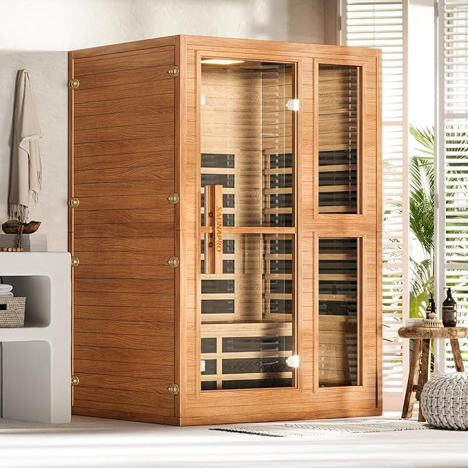 2- Person Infrared Sauna for Home, Low EMF FAR Remotely Controllable Indoor Sauna with WiFi & BT Control, Light Therapy, Wood Dry Sauna with Auto Off and Safe Flame-Retardant Material