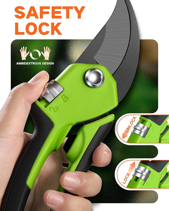 Pruning Shears for Gardening - 8.5" Garden Clippers with SK5 Blade, Stepless Adjustable Handle for All Hand, Ergonomic Bypass Plant Pruners Scissors for Heavy Duty Branch Bush Rose Tool