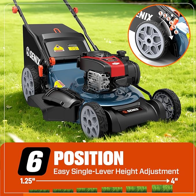 SENIX 22-Inch Self-Propelled Gas Lawn Mower with 150cc B&S EX625 Engine, 3-in-1 (Mulching, Bagging, Side Discharge), 6 Adjustable Cutting Heights (1.25” - 4”), Durable Steel Deck, Rear-Wheel Drive