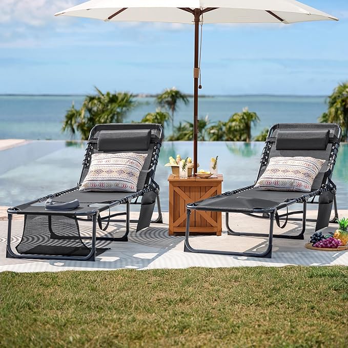 Flamaker Face Down Chaise Lounge Chair 5-Position Adjustable Sunbathing, Foldable Tanning Chair with Face& Arm Holes, Outdoor Recliner Chair for Pool, Beach, Patio, Lawn (Grey, 1 Pcs)