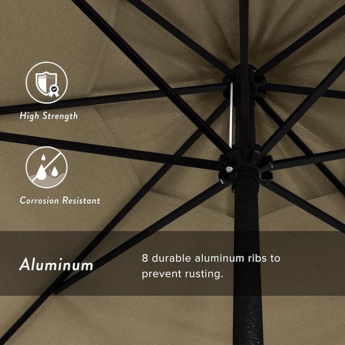 California Umbrella 9' Rd Aluminum Patio Umbrella, Crank Lift, Auto Tilt, Black Finish, Sunbrella Antique Beige