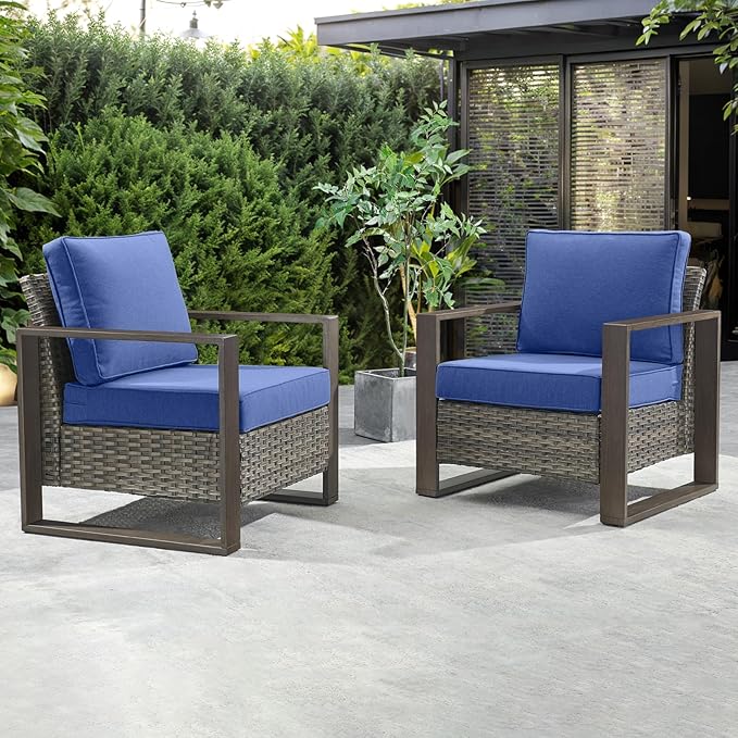 Rilyson Wicker Outdoor Patio Chairs Set of 2, Rattan Patio Furniture Chairs with Sturdy Frame,All-Weather PE Wicker,Wide Armrest,Deep Seating and Thick Cushions for Deck Porch Garden(Mixed Grey/Blue)