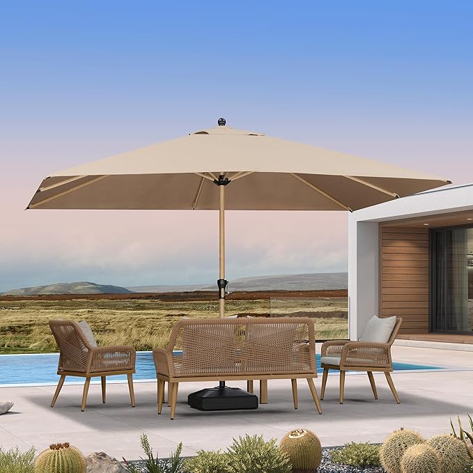 PURPLE LEAF 9' x 11.5' Patio Umbrella with Base Outdoor Umbrella Market Umbrella with Crank & 8 Ribs Aluminum Rectangular Table Umbrella Outdoor Patio for Backyard, Taupe