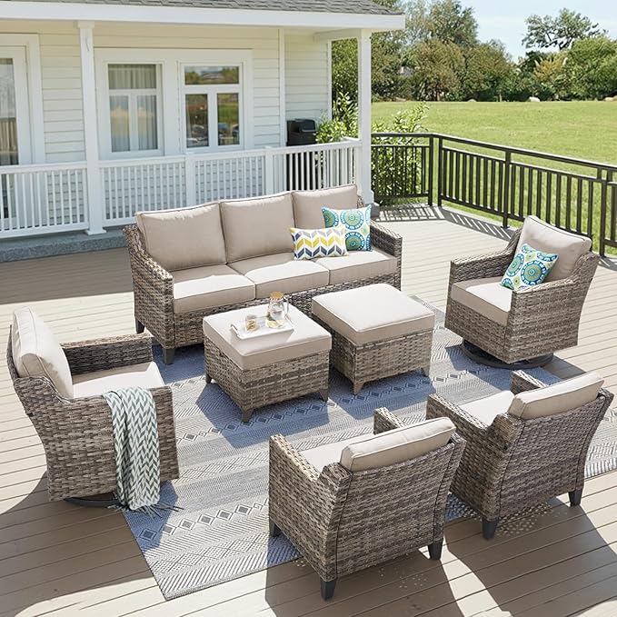 Wicker Patio Furniture Set-7 PieceAll Weather Outdoor Conversation Sets Sectional Sofa with Wicker Swivel Rocker Patio Chairs, Thick Cushions Ottomans for Porch Balcony Patio Deck Grey/Beige