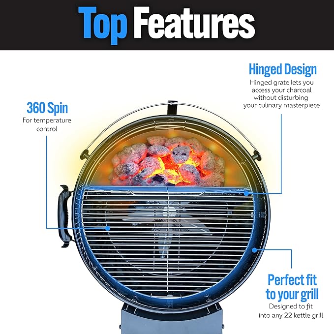 SnS Grills EasySpin Charcoal Grill Cooking Grate, 304 Stainless Steel, Large Hinged Opening, Perfect for 2-Zone Cooking, Replacement Grate Compatible with Weber & Other Grills - Fits 22” Kettles