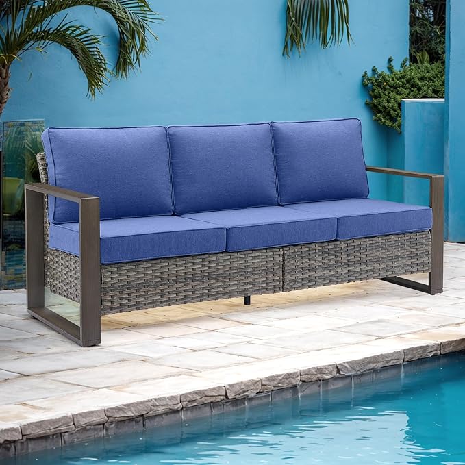 Rilyson Outdoor Couch Wicker Patio Sofa, Rattan Patio Furniture Sofa with Sturdy Frame,All-Weather PE Wicker,Wide Armrest,Deep Seating and Thick Cushions for Deck Porch Garden(Mixed Grey/Blue)
