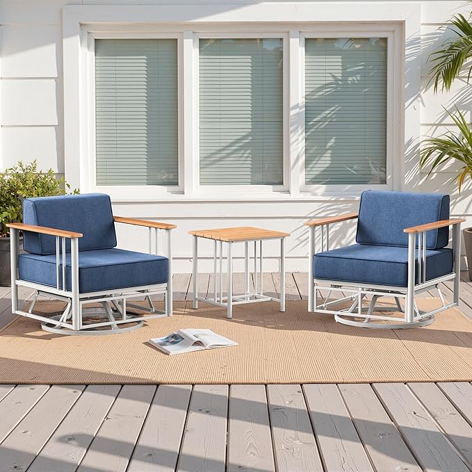Luxury Swivel Patio Chairs with 6" Extra Thick Cushions, Outdoor Swivel Chairs with Side Table, Outdoor Patio Bistro Glider for Porch, Balcony, Deck, Patio, Yard, Poolside, White/Blue