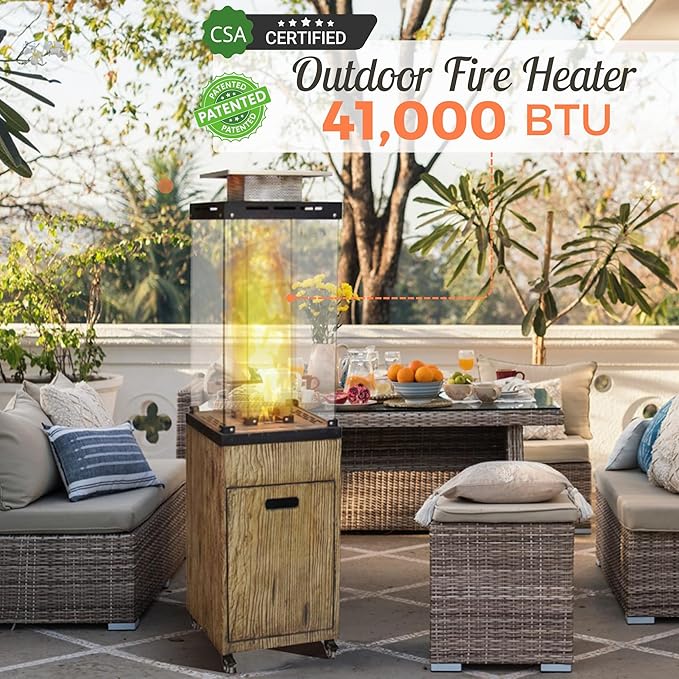 Afterglow Outdoor Patio Propane Fire Heater with Weather Cover Glass 41000 BTU Fireplace Patented & CSA Certificated, Wood Grain Brown