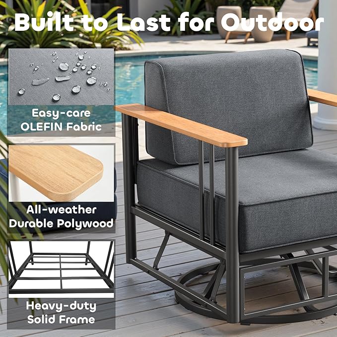 Luxury Outdoor Furniture Set with Swivel Chairs, 5 PCS Patio Furniture Set with 6" Extra Thick Cushions, Suitable for Porch, Balcony, Deck, Patio, Yard, Poolside, Black/Grey
