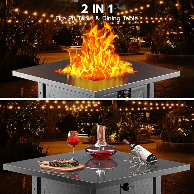 ZAFRO 28 Inch Propane Fire Pit Table for Outside,50,000 BTU Gas Fire Pit Table with Removable Lid,Rain Cover, Rectangle Gas Firepit Table for Garden/Patio