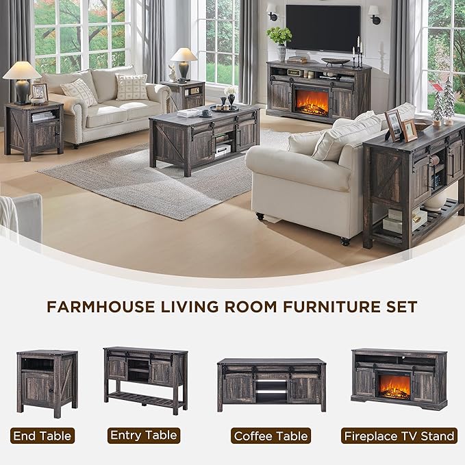 OKD Farmhouse Fireplace TV Stand for 70 Inch TV, 34" Tall Highboy Entertainment Center w/Electric Fireplace, Rustic Media Console w/Sliding Arched Door for Living Room,Dark Rustic Oak